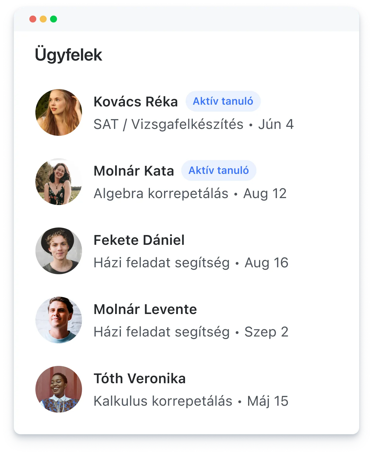 List of clients with profile photos, names, subjects, statuses, and dates in a user interface.