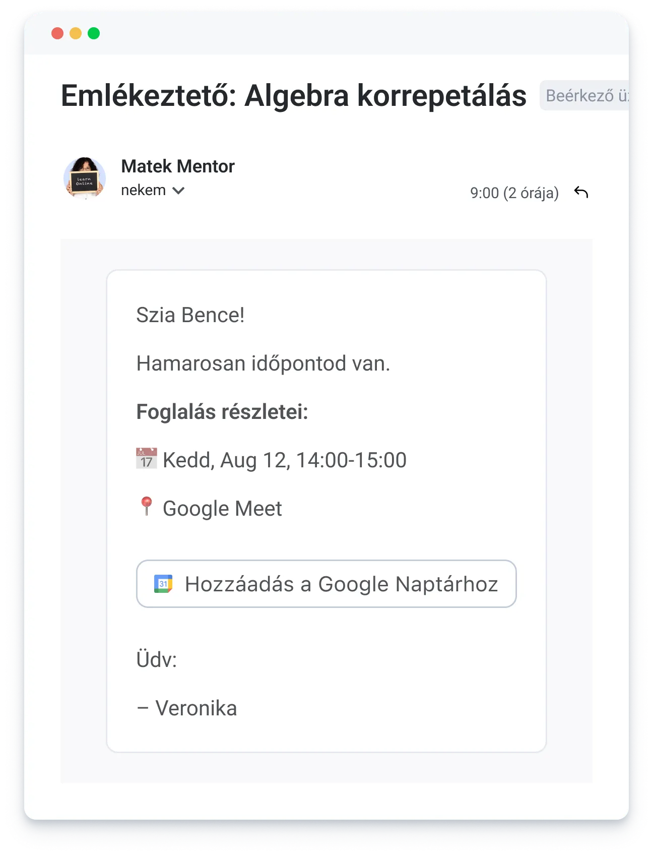 Reminder for algebra tutoring booked for Aug 12, 14:00-15:00 via Google Meet, with add to Google Calendar option.