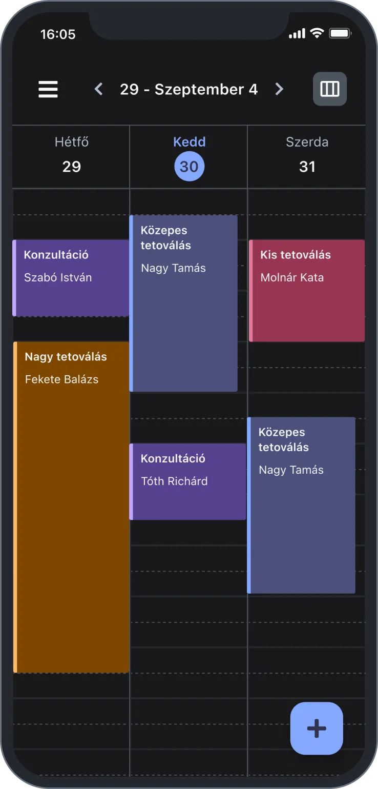 Mobile calendar showing tattoo consultations and sessions from September 29 to 31 with color-coded events.