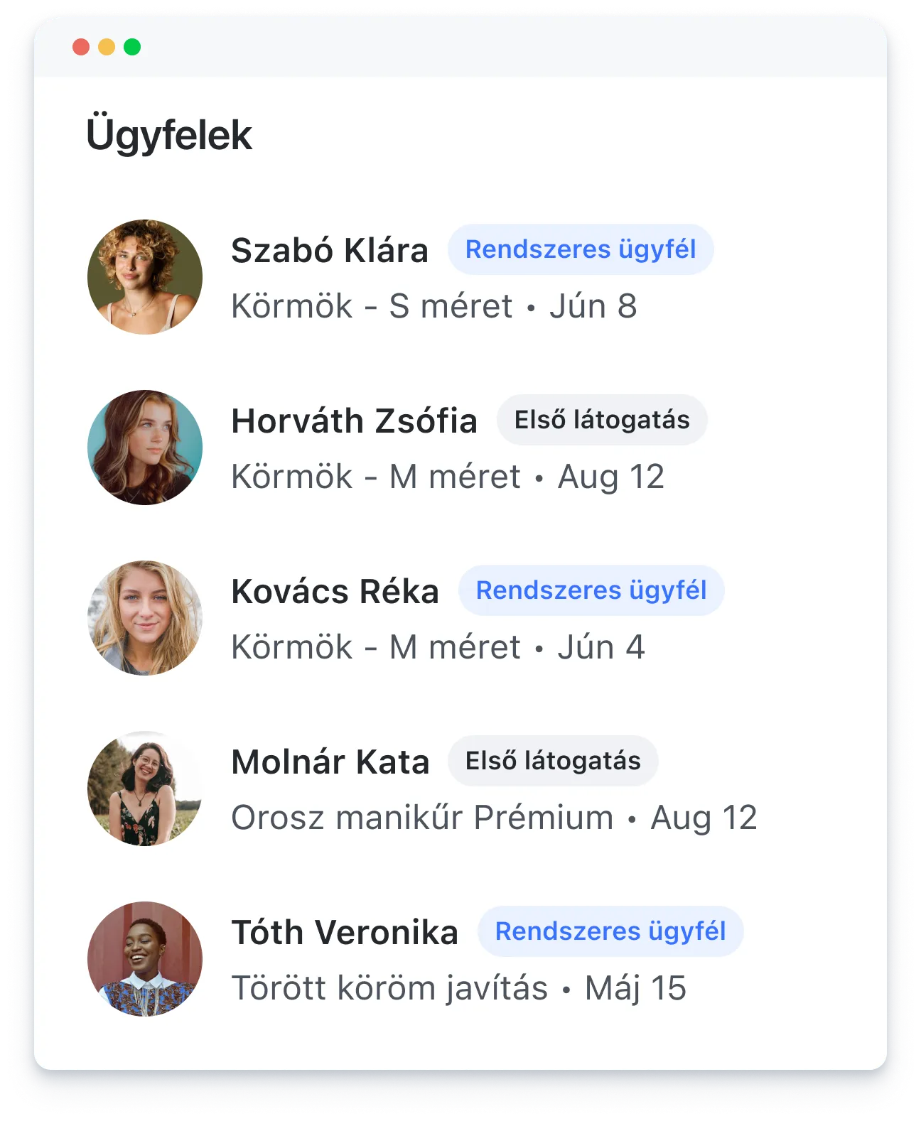 Client list showing names, photos, appointment types, nail services, sizes, and dates in Hungarian.