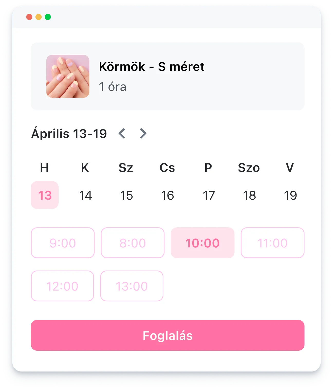 Calendar UI showing nail appointment options for April 13-19 with a selected date and time slot.