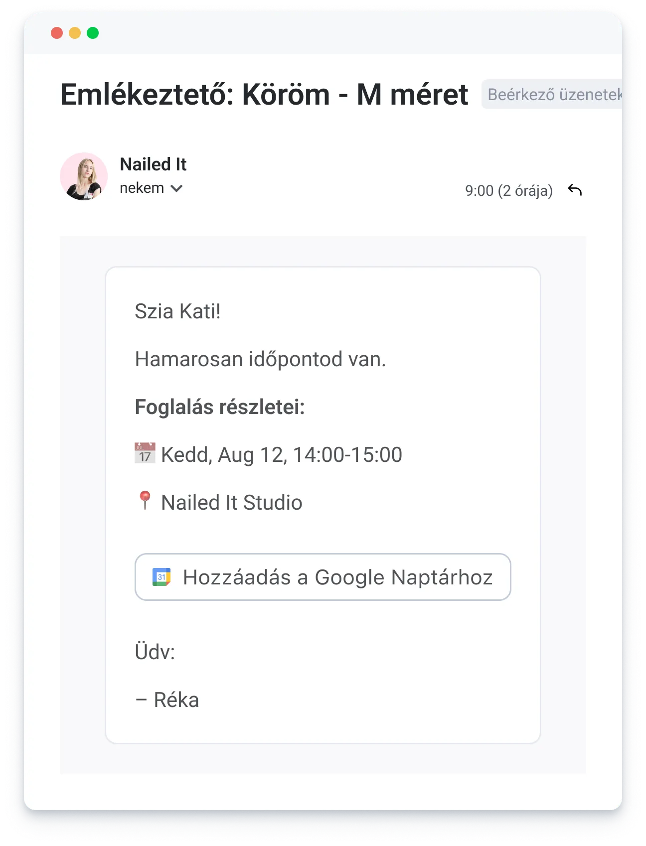 Email reminder for a nail appointment on Aug 12, 14:00-15:00 at Nailed It Studio.