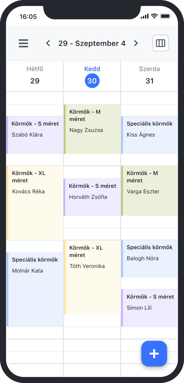 Mobile calendar app showing nail appointments from September 29 to 31 with client names and nail sizes.