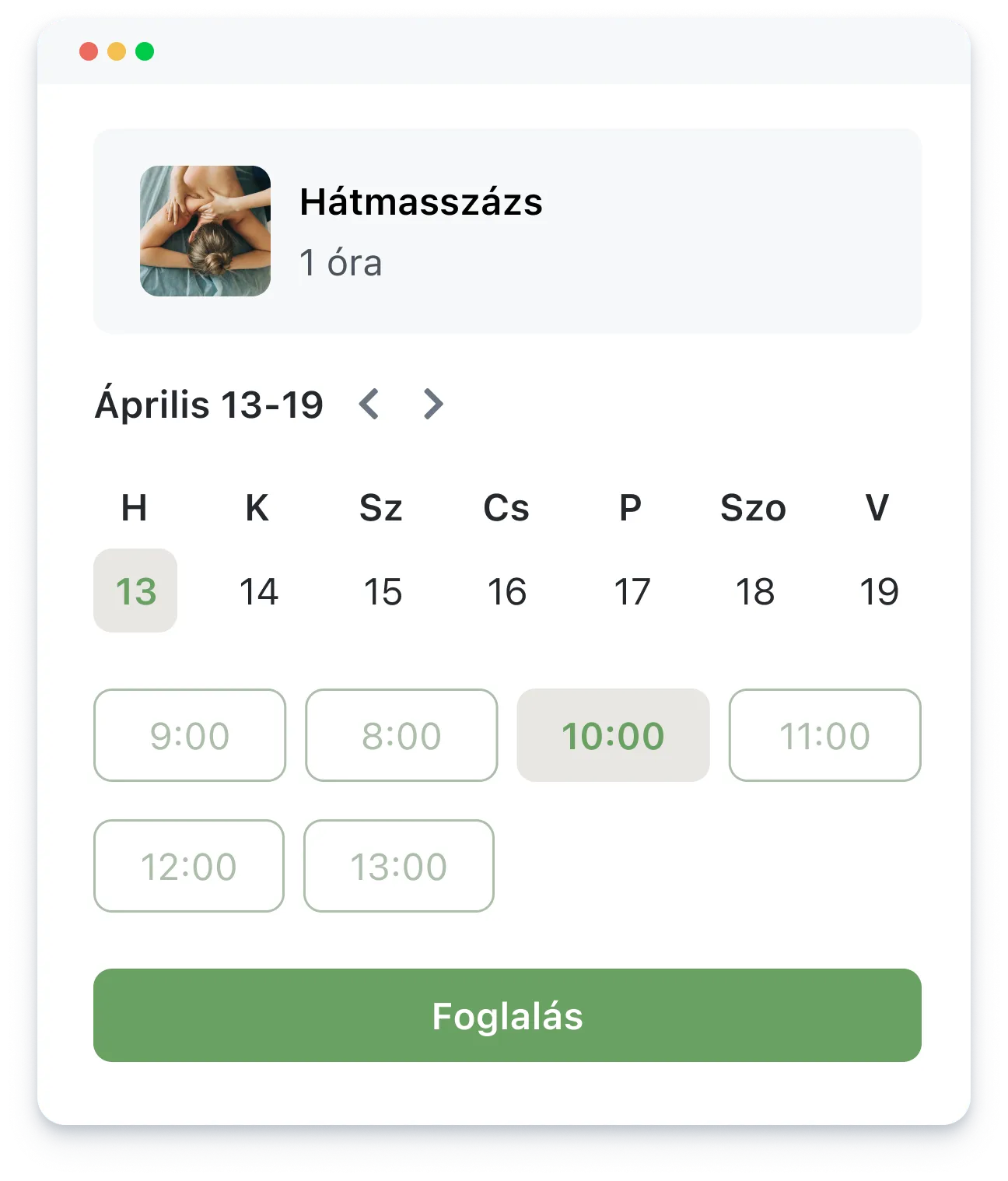 Booking calendar for a 1-hour back massage with selectable dates from April 13-19 and time slots.