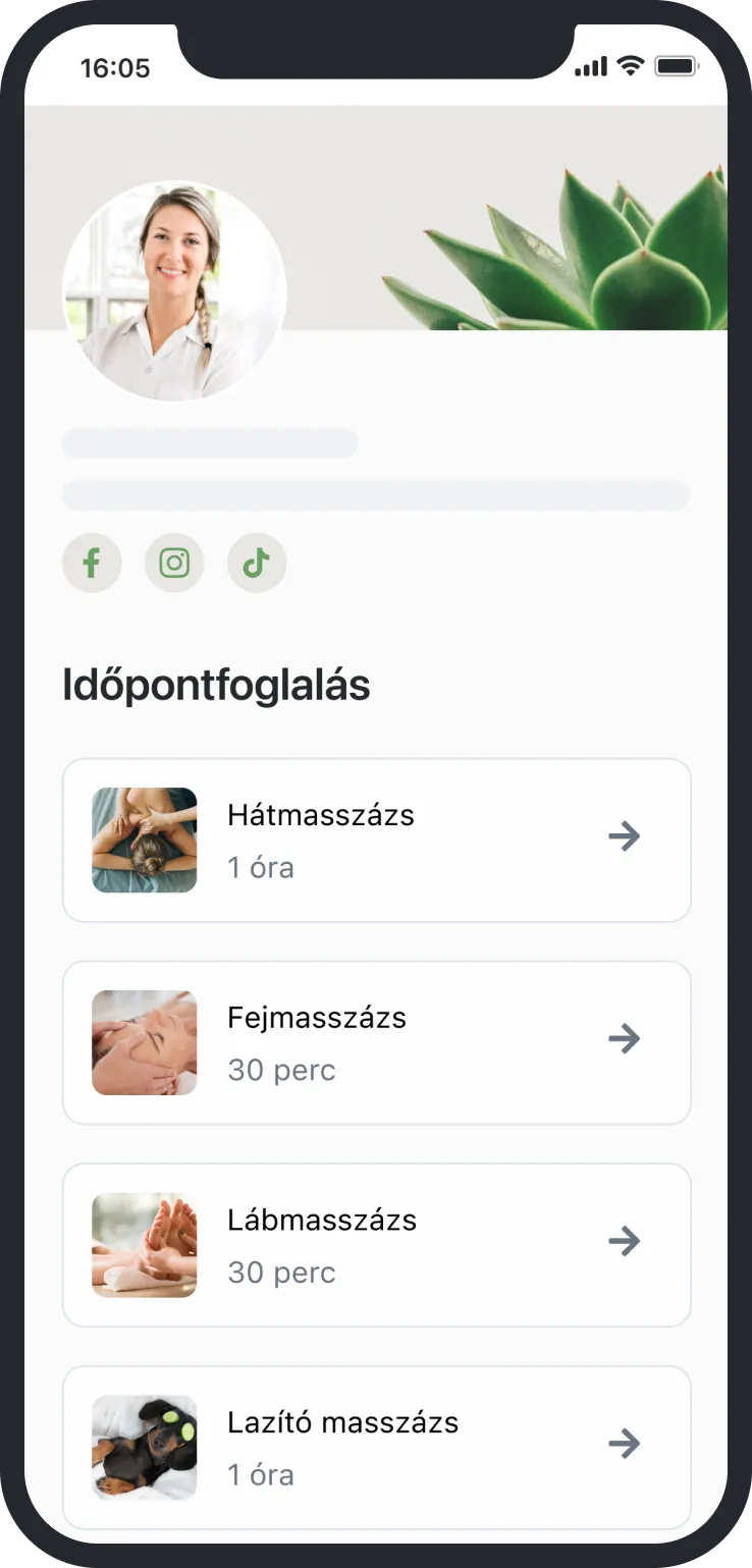 Mobile booking page showing massage options with images: back, head, foot, and relaxing massage choices.