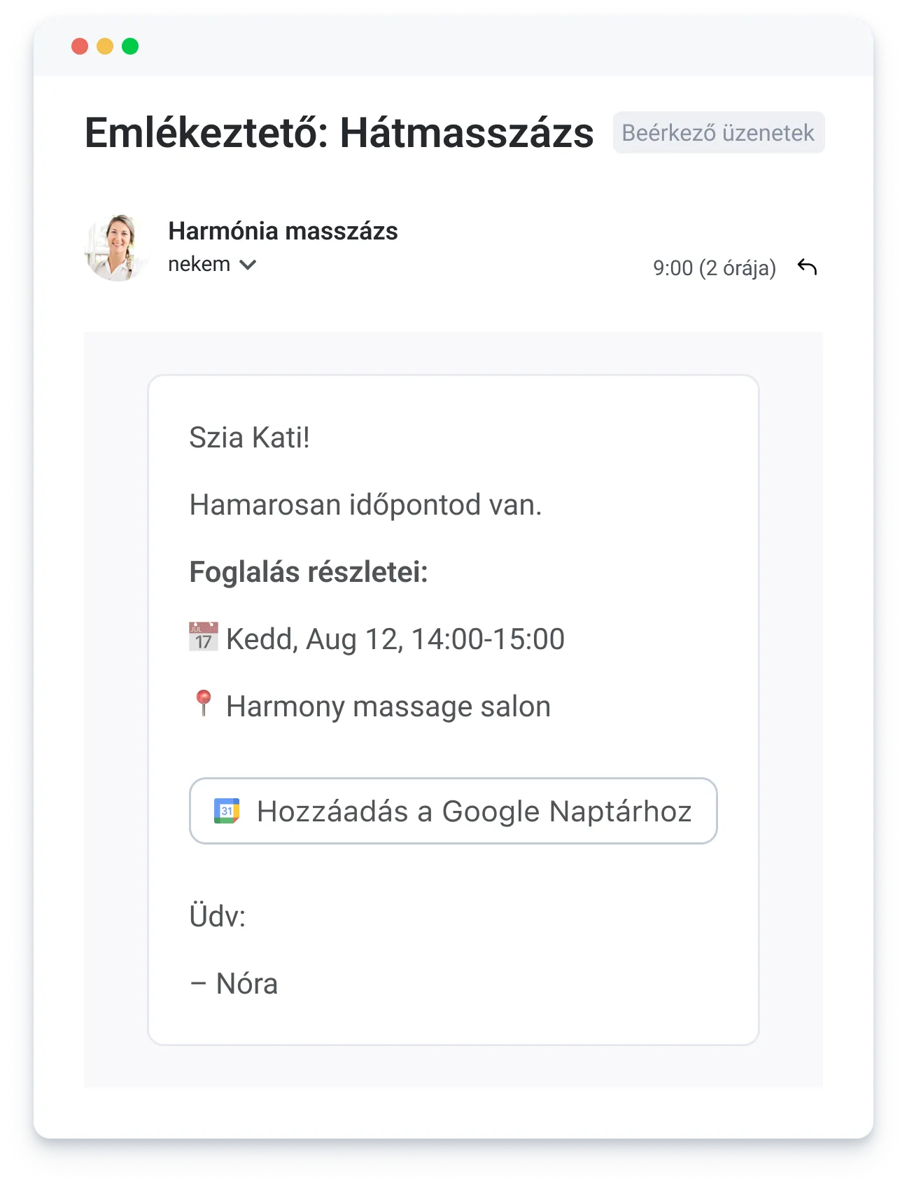 Reminder message for a back massage appointment on Aug 12, 14:00-15:00 at Harmony massage salon.