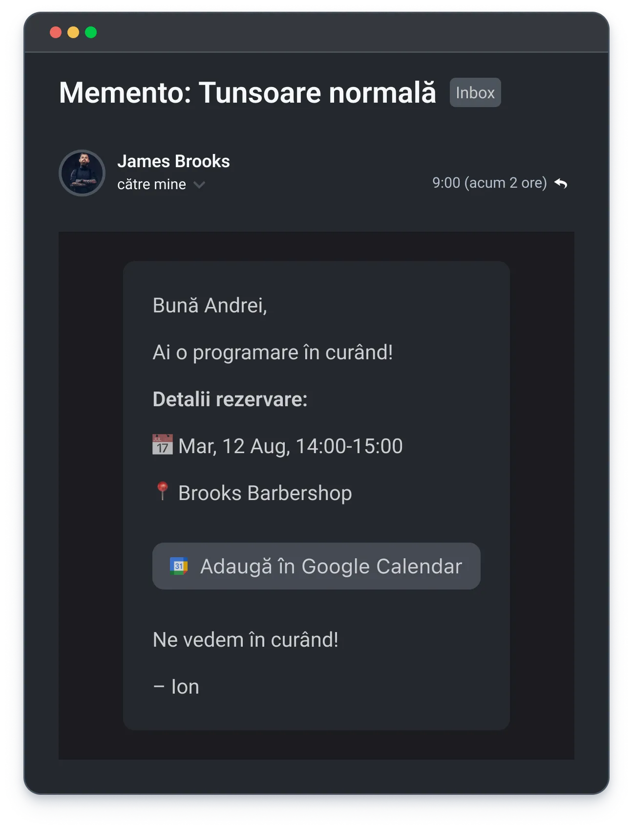 Email reminder titled 'Normal haircut' showing booking details for Aug 12, 14:00-15:00 at Brooks Barbershop.