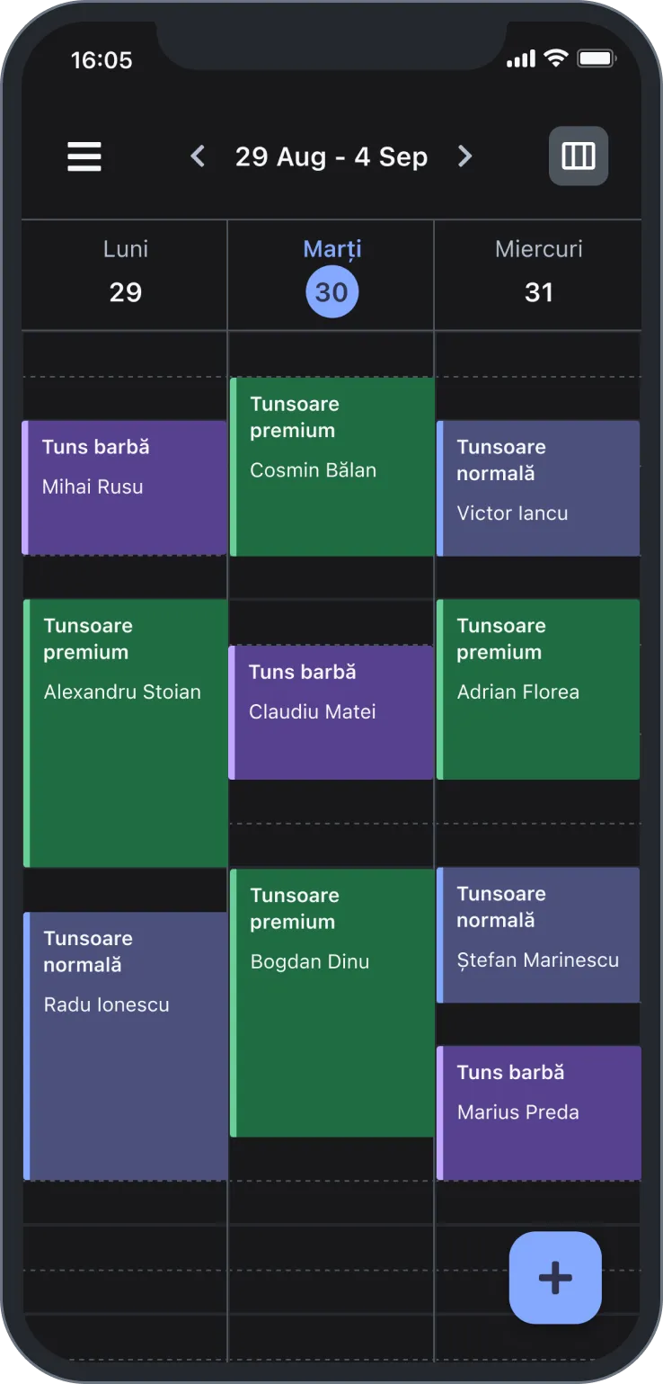 Mobile calendar app showing barber appointments for Aug 29 to Sept 4 with various haircut and beard trim bookings.