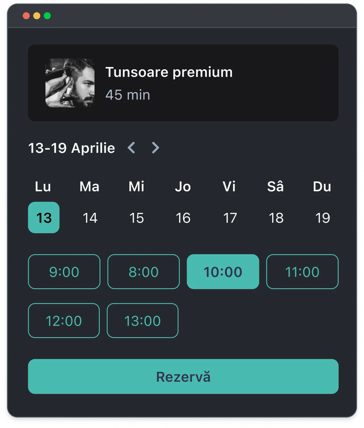 Calendar interface showing premium haircut booking for April 13 with time slots from 8:00 to 13:00.