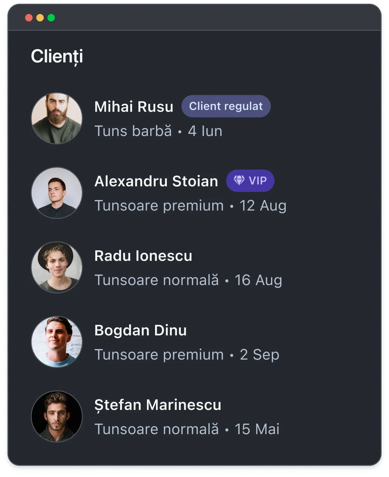 List of five clients with photos, names, haircut types, dates, and tags VIP or regular client for some.