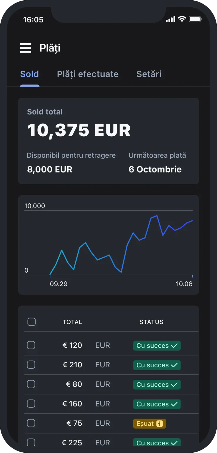 Mobile app screen showing total balance 10,375 EUR, available 8,000 EUR, upcoming payment Oct 6, graph, and payment list.