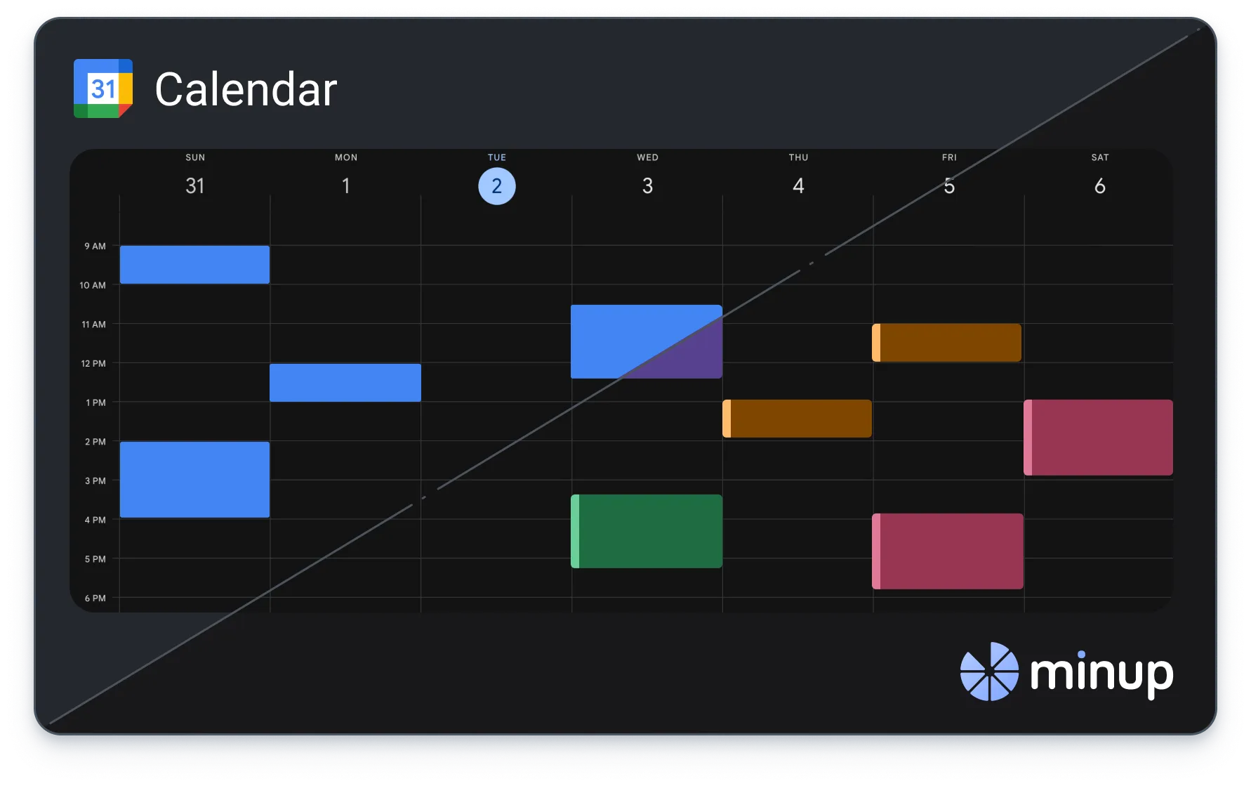 Google Calendar week view with colored event blocks from 9 AM to 6 PM across seven days, dark mode.