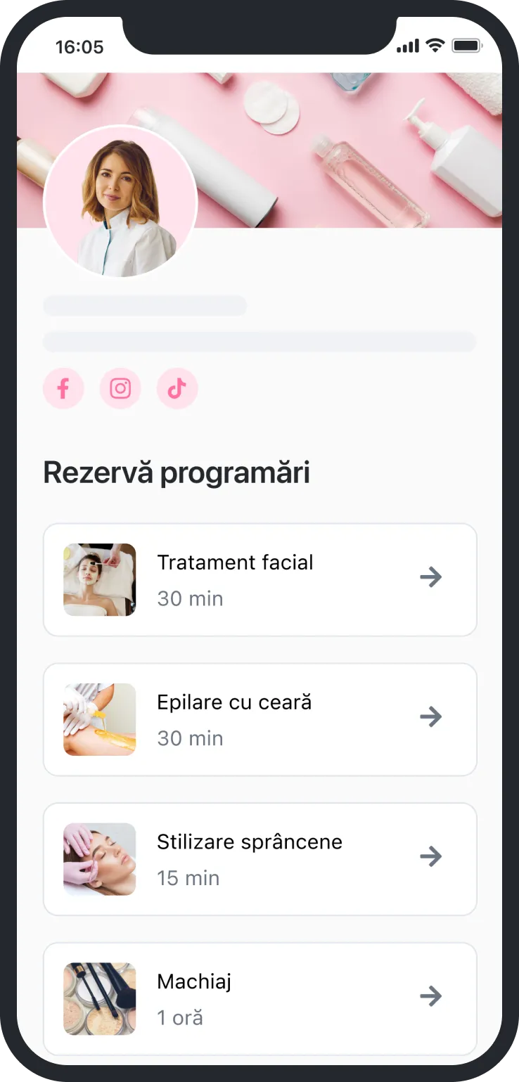 Mobile booking page with profile photo and options for facial, waxing, eyebrow styling, and makeup services.
