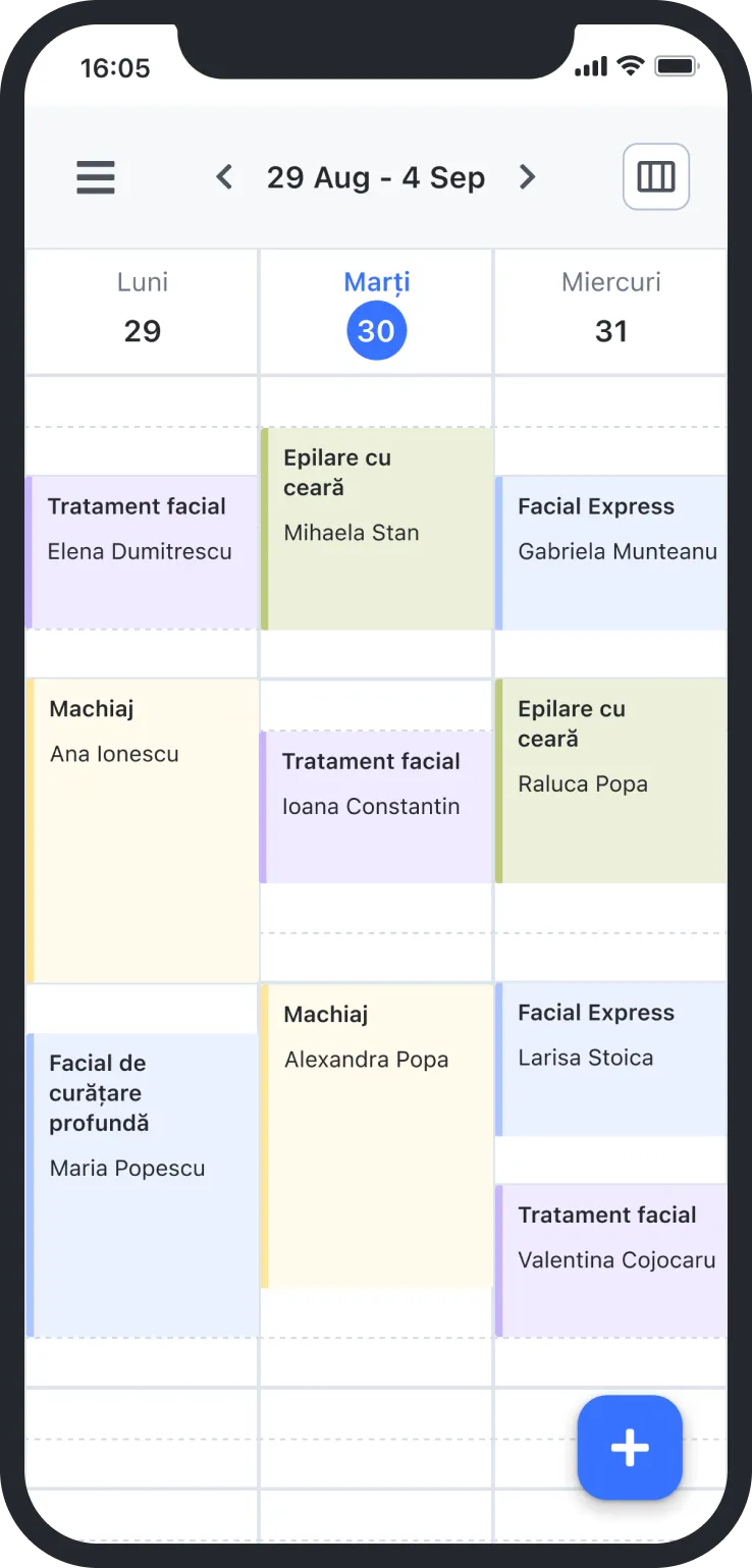Calendar on phone showing beauty appointments from Aug 29 to Sep 4 with facial treatments and waxing.