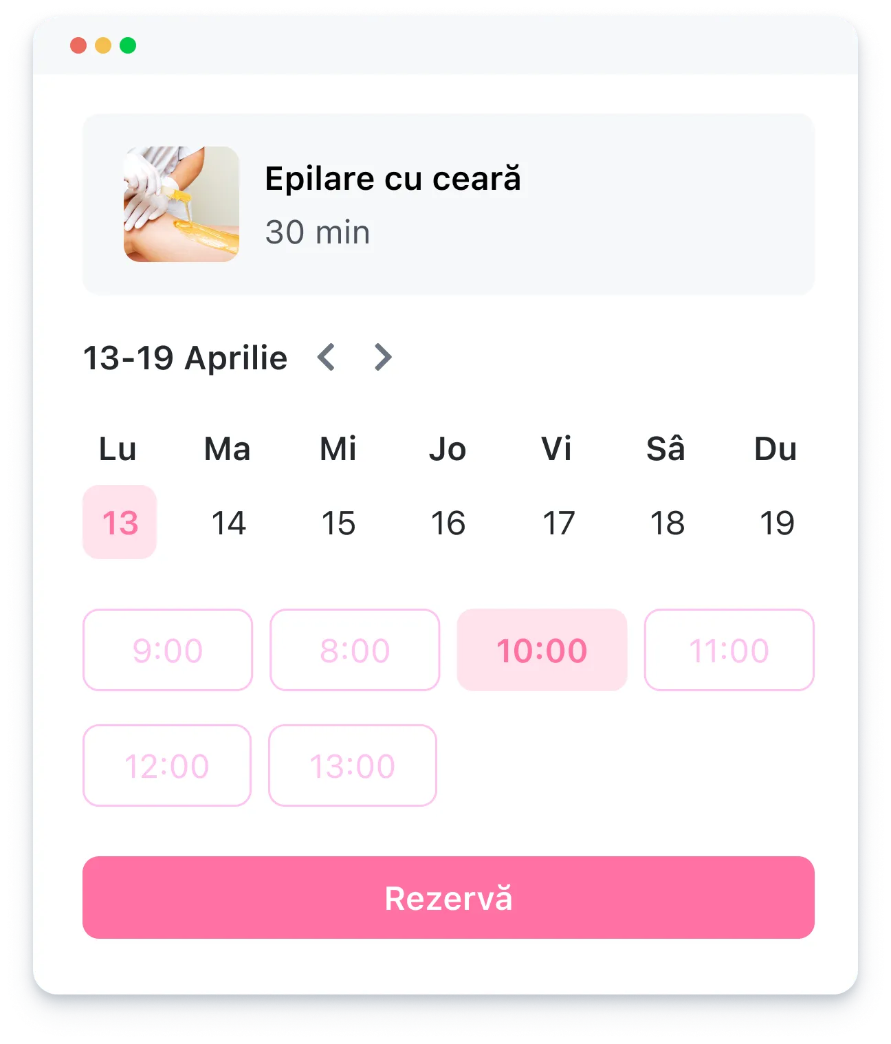 Waxing appointment calendar showing available times on April 13 highlighted with a pink 10:00 slot.