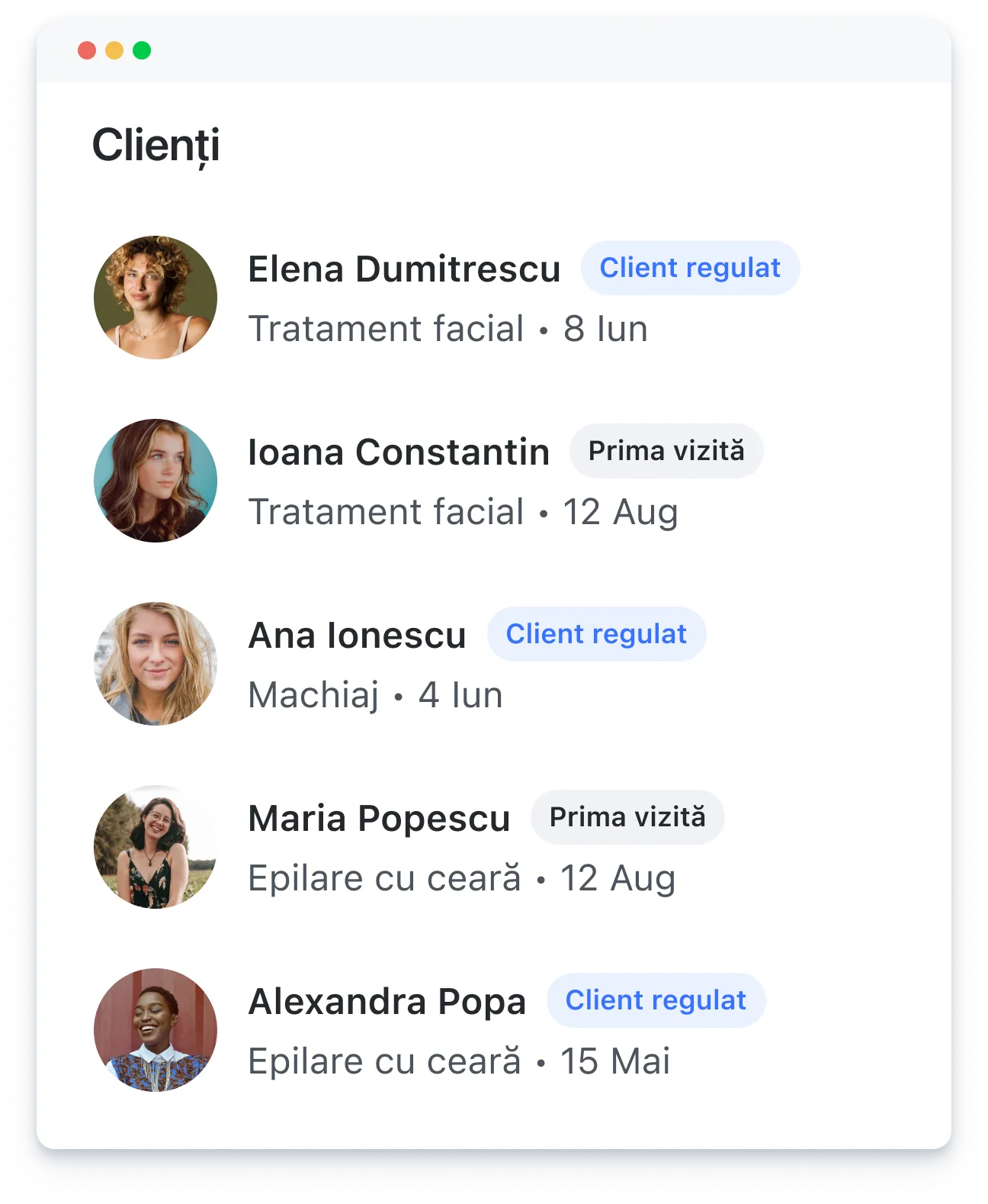 Customer list with photos, names, treatments, visit dates, and tags for regular or first-time clients.