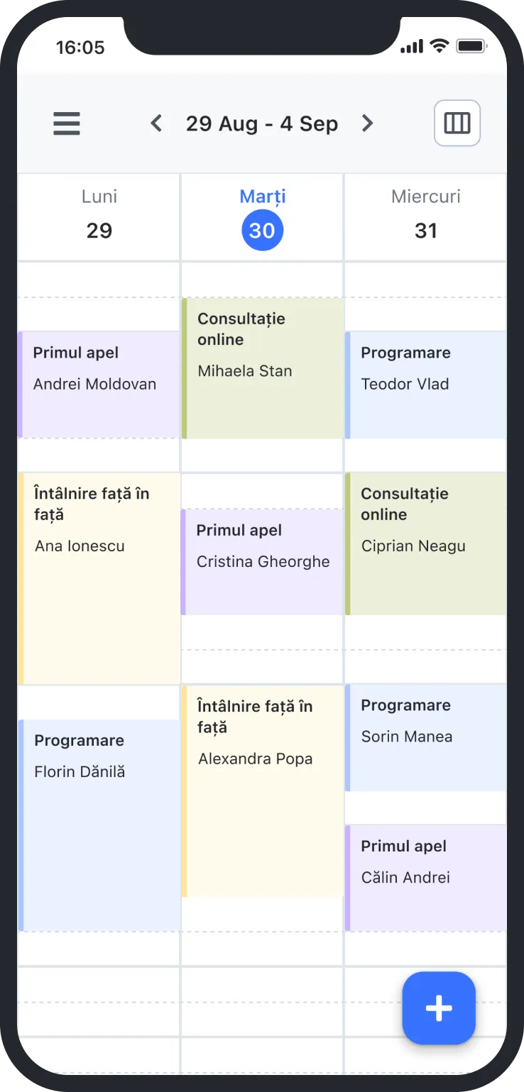 Mobile calendar app showing appointments on Aug 29-31 including calls, online consultations, and meetings.