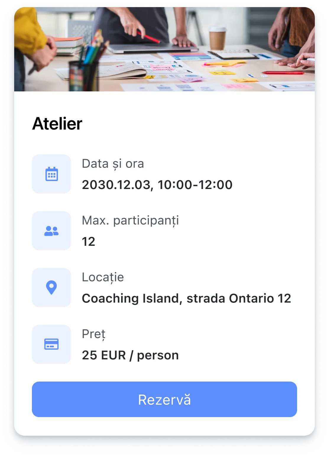 Workshop details: date Dec 3, 2030, 10-12, max 12 participants, location Coaching Island, 25 EUR per person.