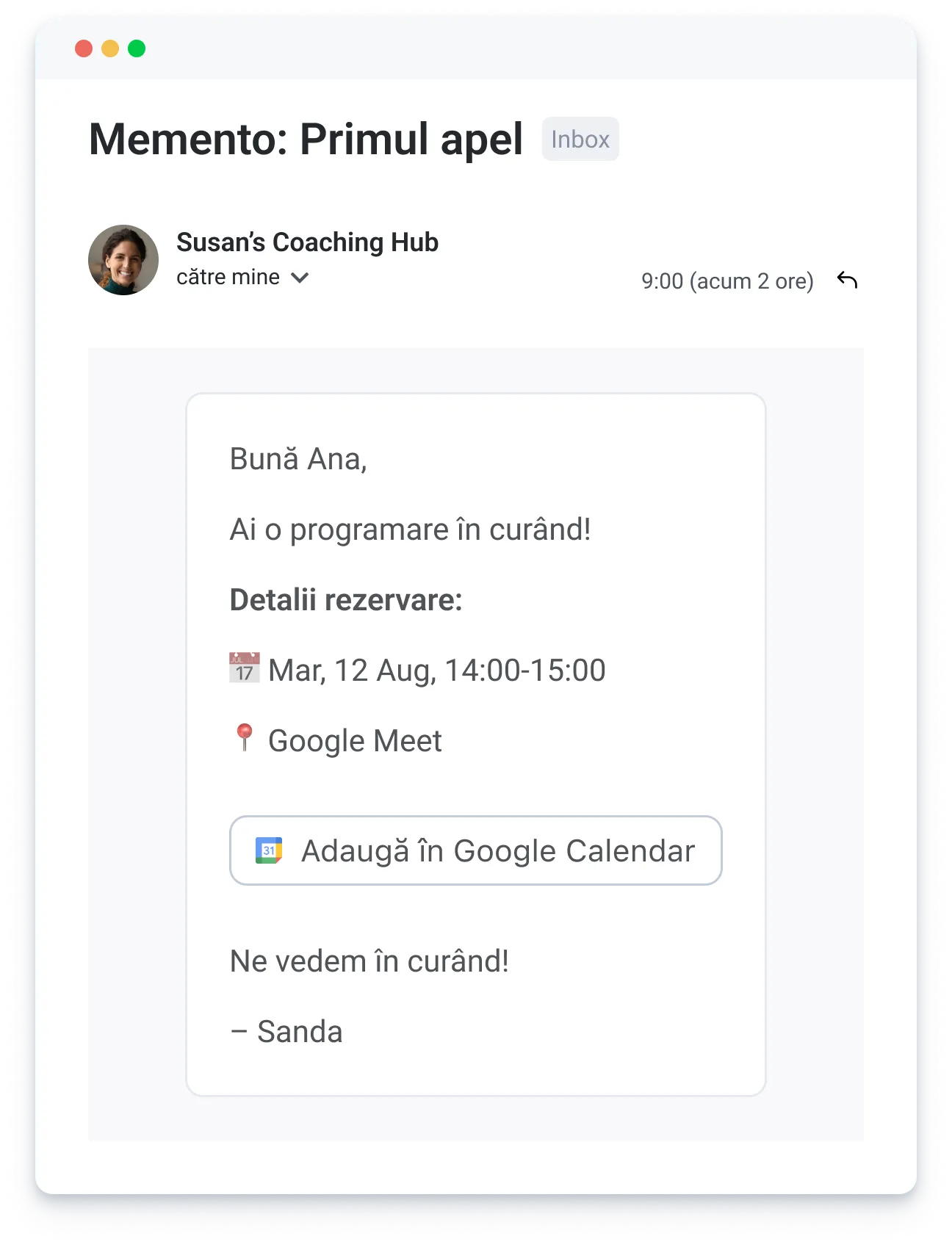Email reminder from Susan’s Coaching Hub about Ana's Google Meet appointment on Aug 12, 14:00-15:00.
