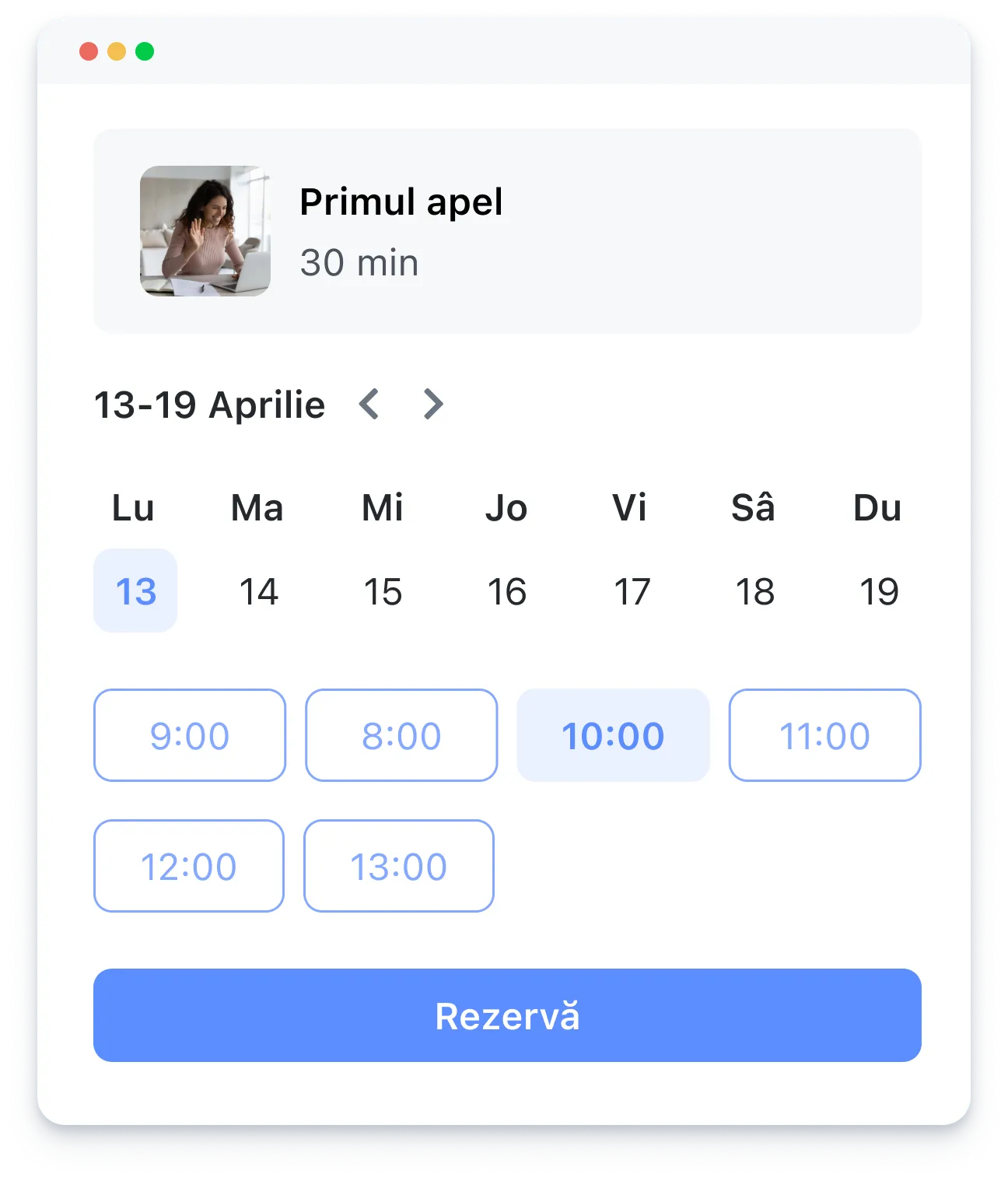 Online calendar showing a 30-minute call booking from April 13 to 19 with selectable dates and times.