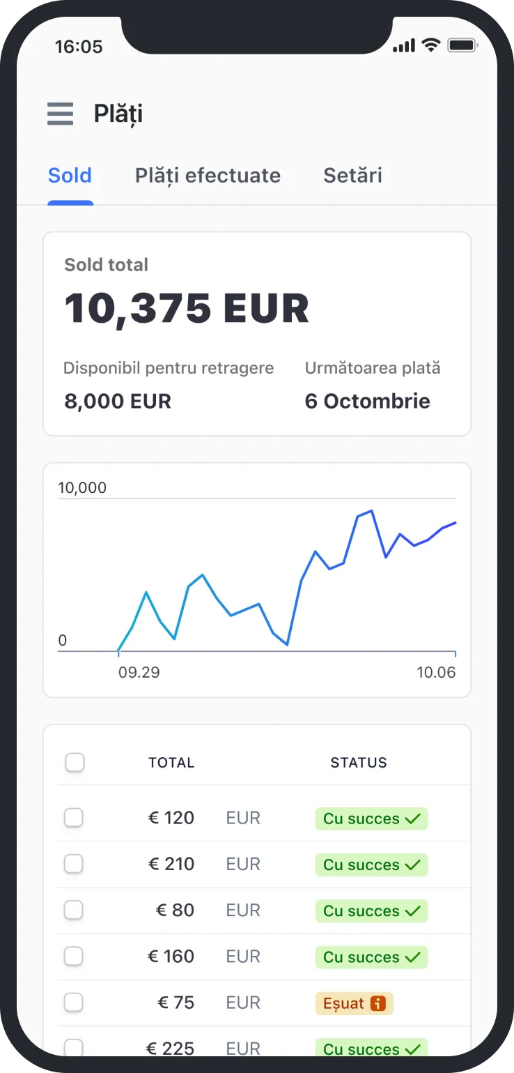 Mobile app showing total balance 10,375 EUR, available 8,000 EUR, next payment Oct 6, and payment status list.