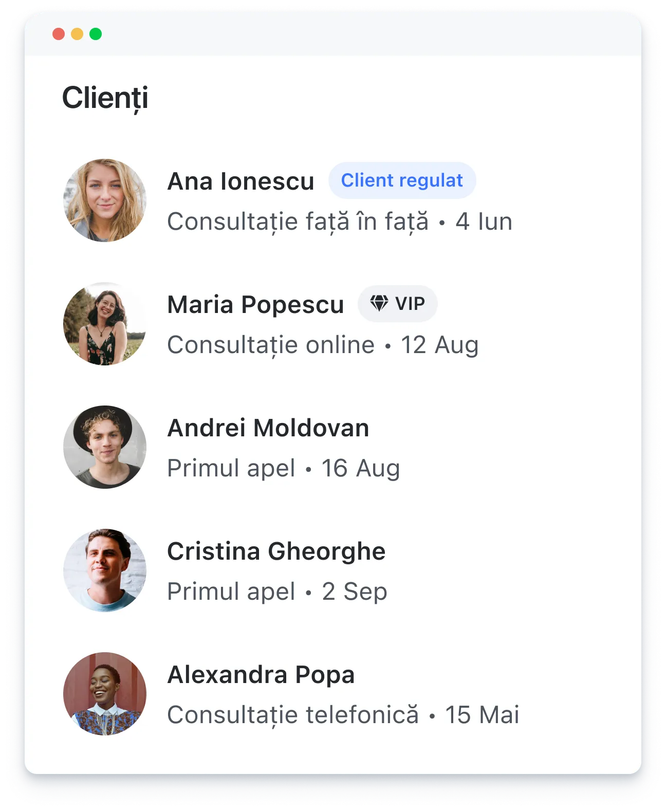 Client list with photos, names, consultation types, dates, and labels for regular and VIP clients.