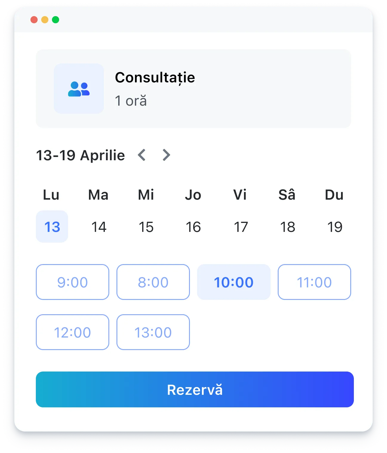 Calendar interface in Romanian showing April 13-19 with selectable times for consultation appointments.