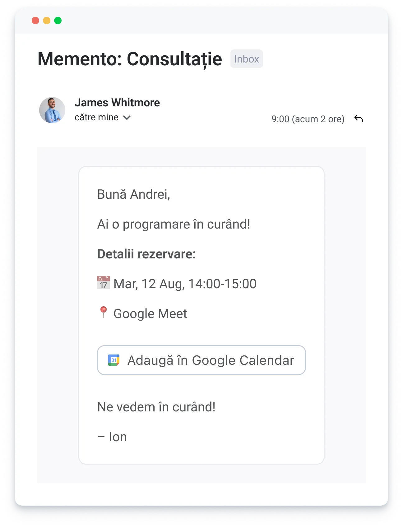 Email reminder from James Whitmore about Andrei's consultation scheduled Aug 12, 14:00-15:00 via Google Meet.