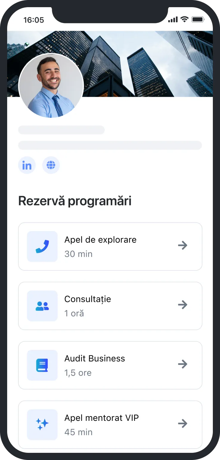 Mobile booking page showing a smiling man and appointment options like exploration call and business audit.