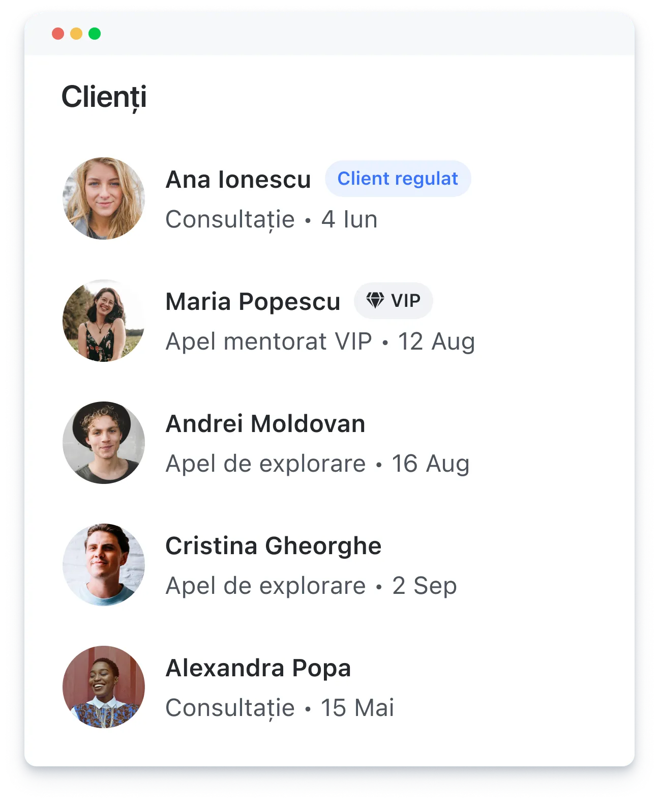 Client list with photos, names, consultation types, dates, and VIP or regular status labels.