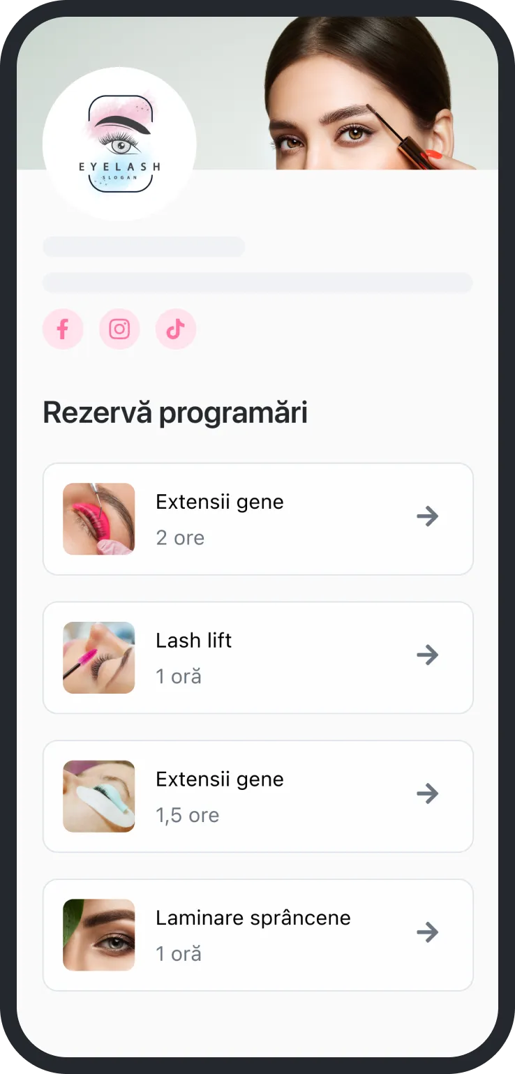 Booking page for eyelash and eyebrow services showing options with images and durations.