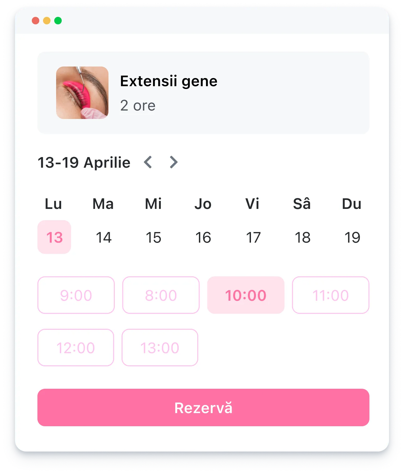 Calendar for eyelash extensions from April 13-19, highlighting April 13 and 10:00 AM slot with a reserve button.