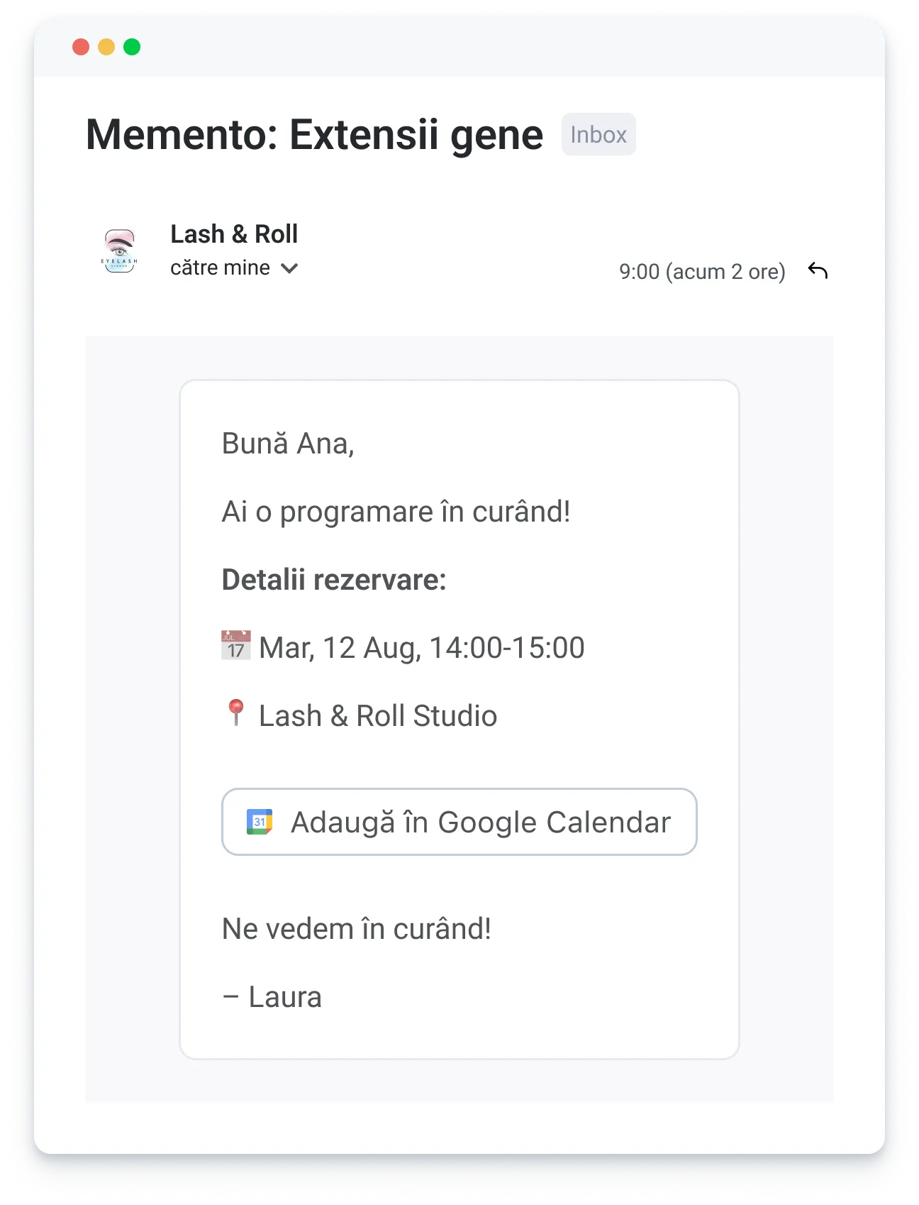 Email reminder from Lash & Roll about Ana’s eyelash extension appointment on Aug 12, 14:00-15:00.