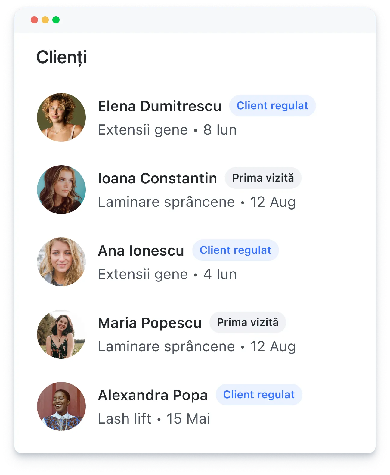 Client list with names, profile photos, treatments, dates, and tags like regular client or first visit.