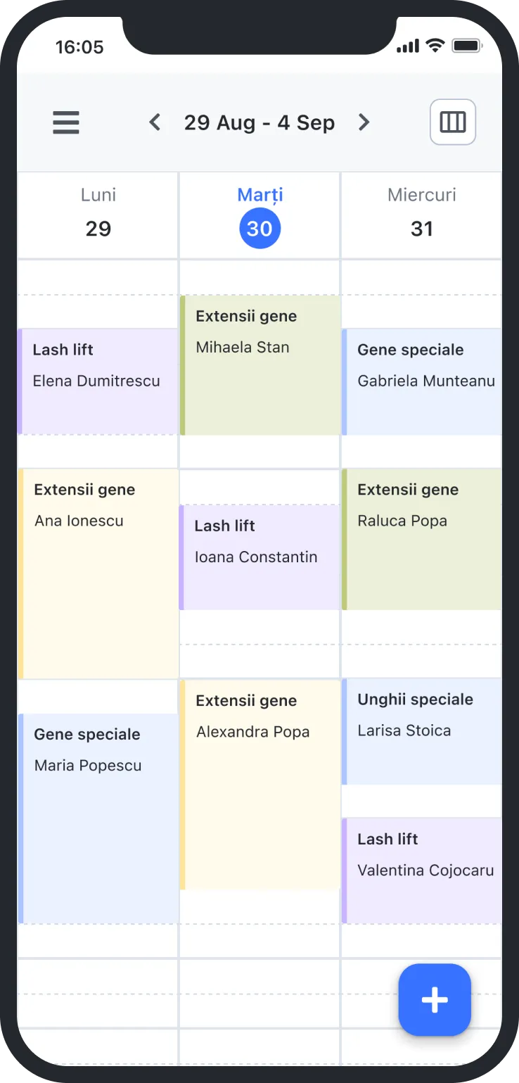 Mobile calendar showing appointments for lash lift, gene extensions, special nails from Aug 29 to Sep 1.