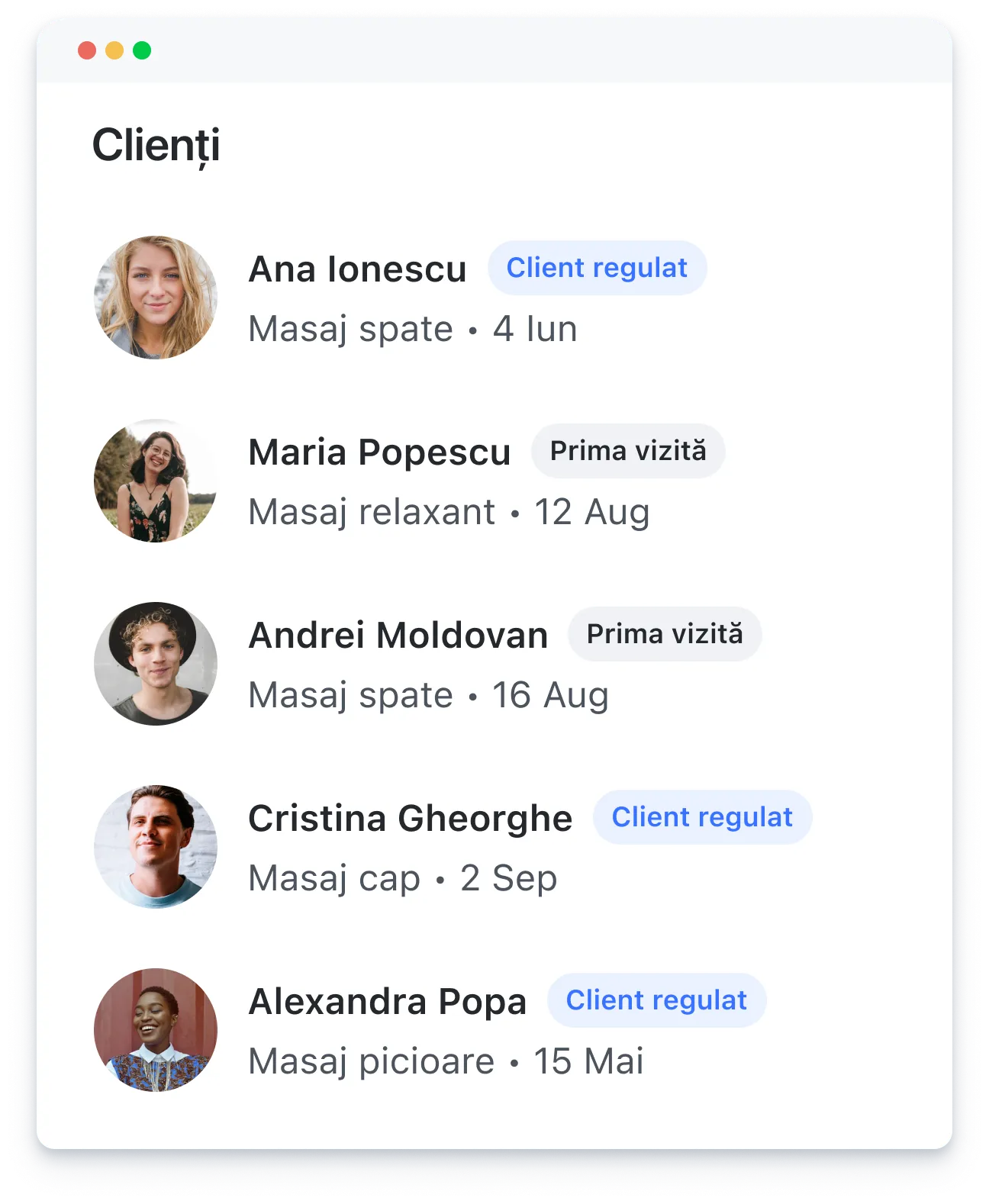 Client list with photos, names, massage types, visit dates, and tags for regular or first-time clients.