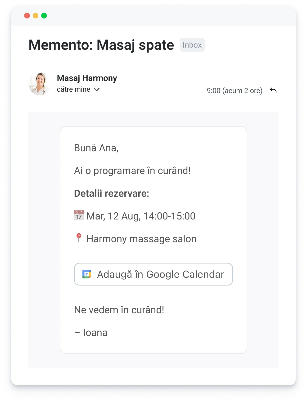 Email reminder from Masaj Harmony for Ana about massage appointment on Aug 12, 14:00-15:00 at the salon.