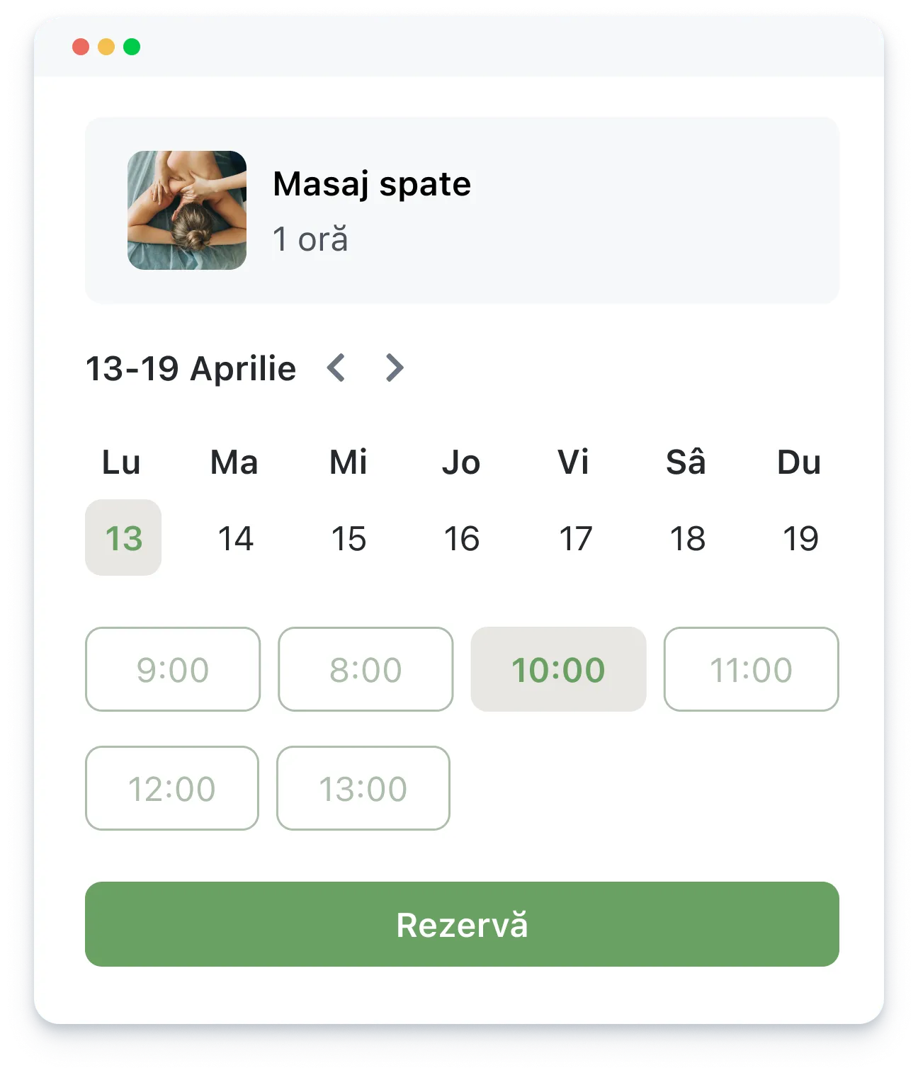 Online booking for back massage on April 13, with 10:00 AM selected and other times available.