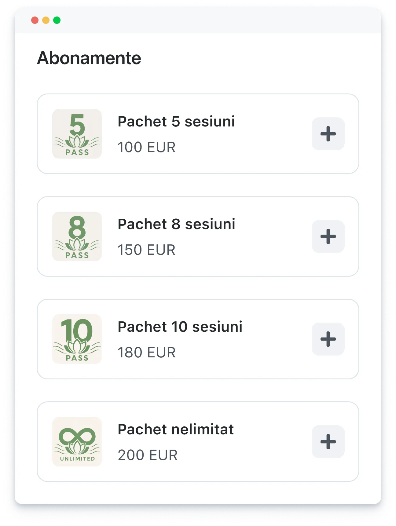 Subscription options with 5, 8, 10 sessions or unlimited, priced from 100 to 200 EUR each.