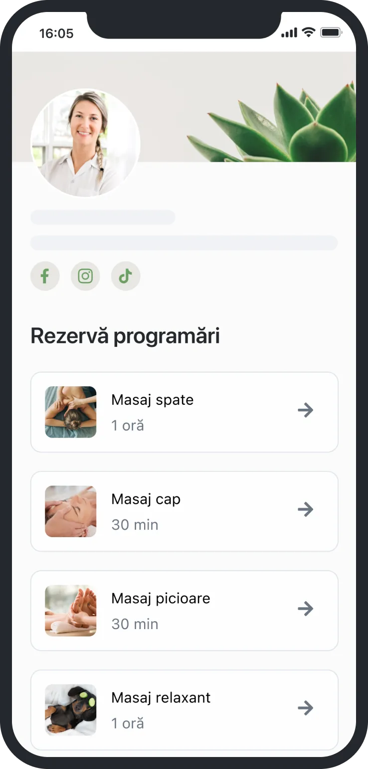 Mobile booking page showing massage options with times and small images for back, head, feet, and relaxing massage.