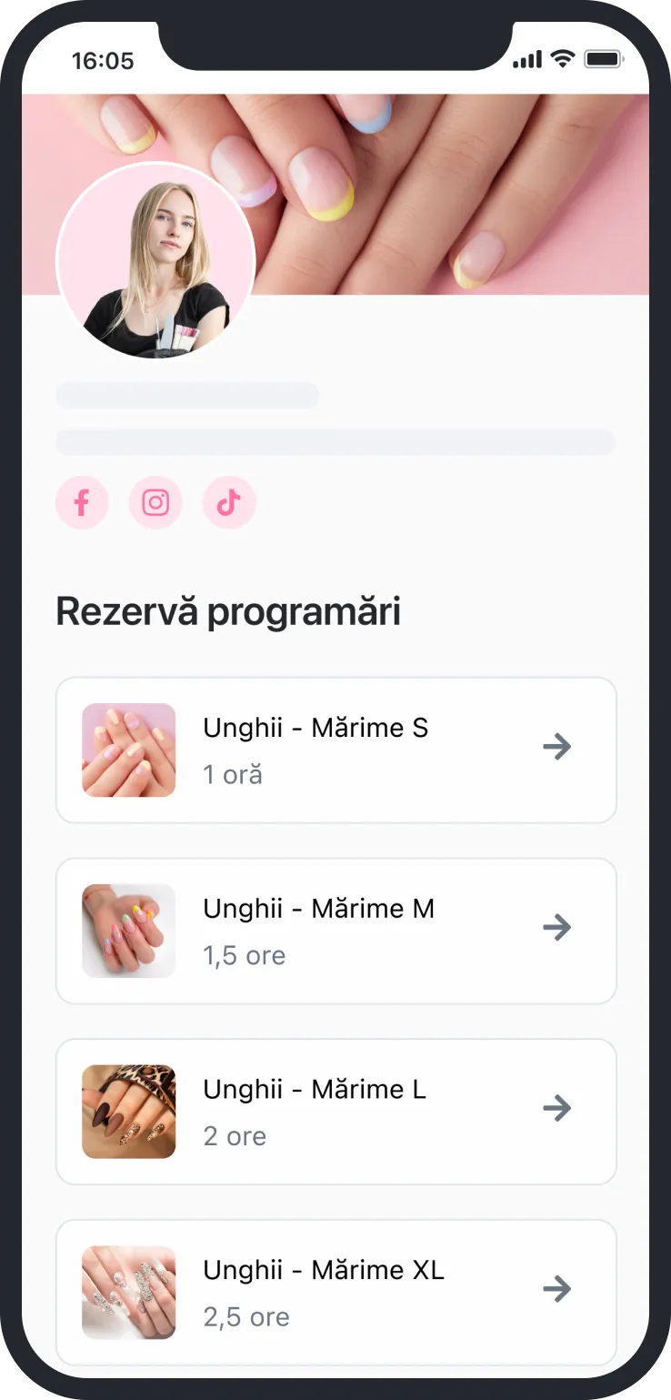 Mobile booking page showing nail service options in sizes S to XL with corresponding images and durations.