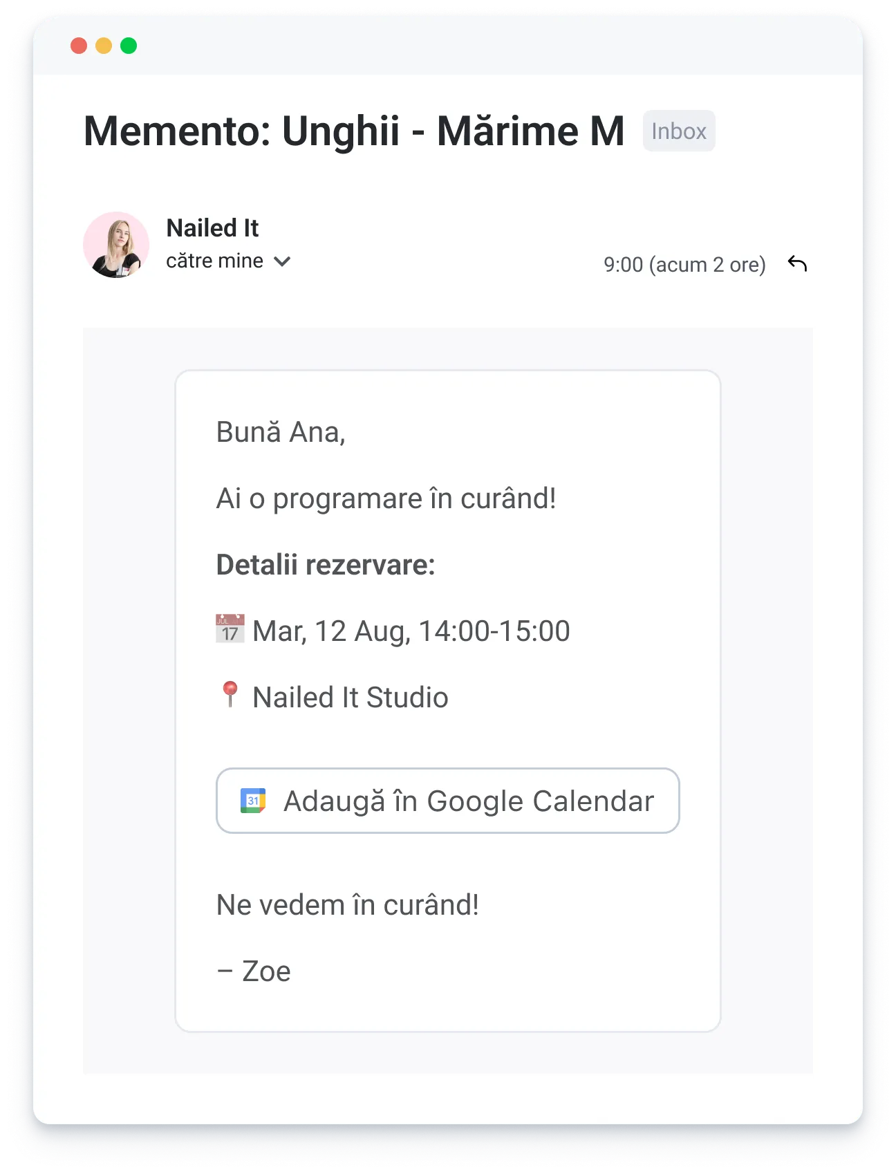 Email reminder for Ana's nail appointment on Aug 12, 14:00-15:00 at Nailed It Studio with calendar add option.