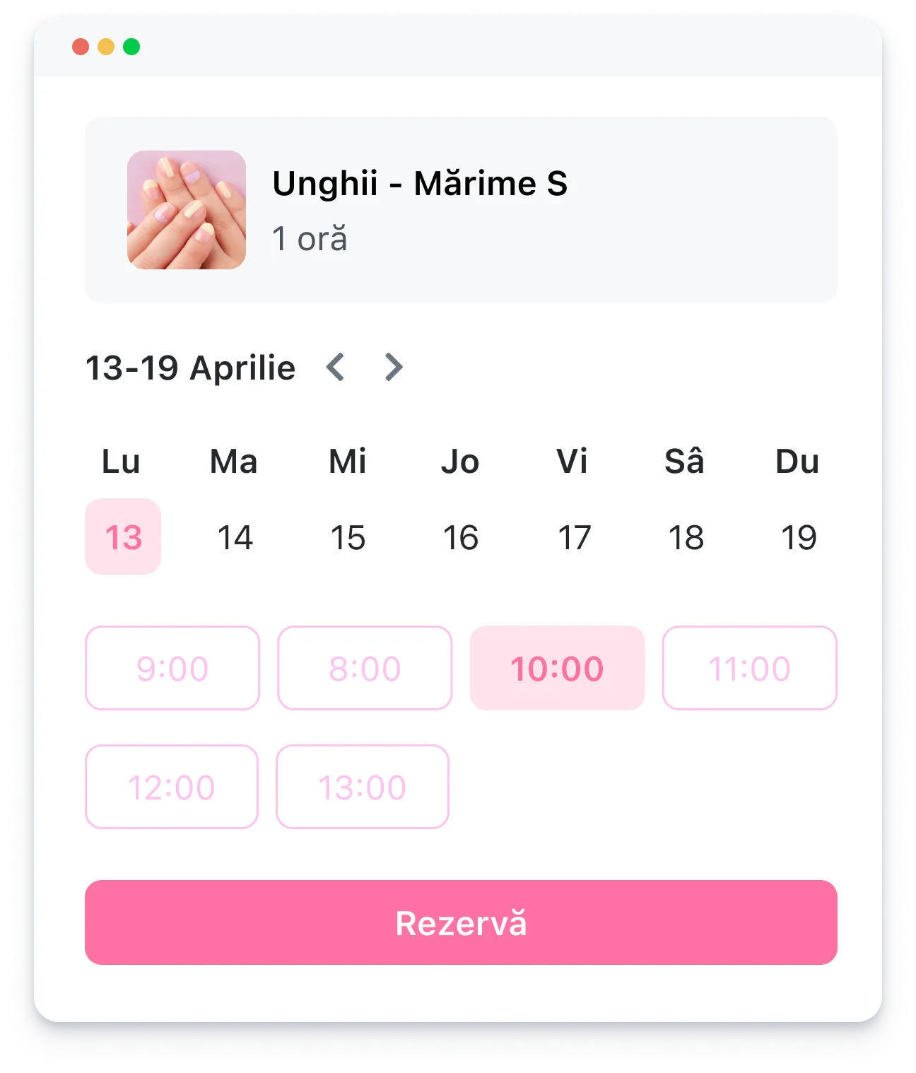 Online calendar showing nail appointment on April 13 at 10:00 with a 'Reserve' button.