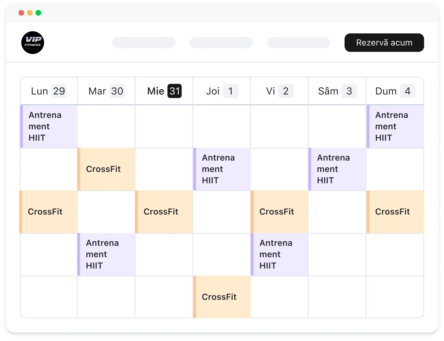 Fitness class schedule showing HIIT and CrossFit sessions on various days from Monday to Sunday.