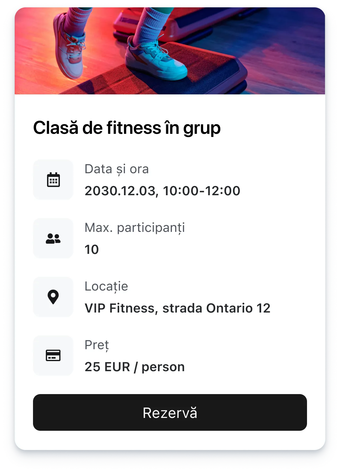 Group fitness class details: Dec 3, 2030, 10:00-12:00, max 10 participants, VIP Fitness Ontario 12, 25 EUR person.