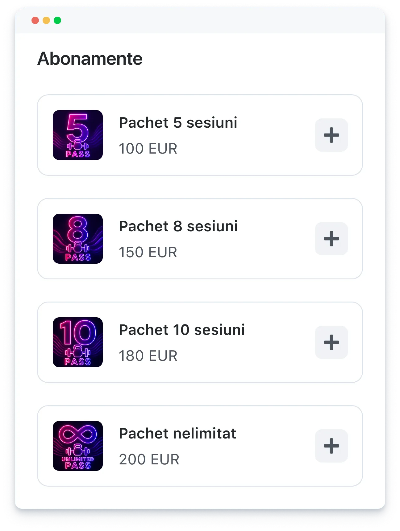Fitness pass subscription options with prices: 5, 8, 10 sessions and unlimited pass in euros.