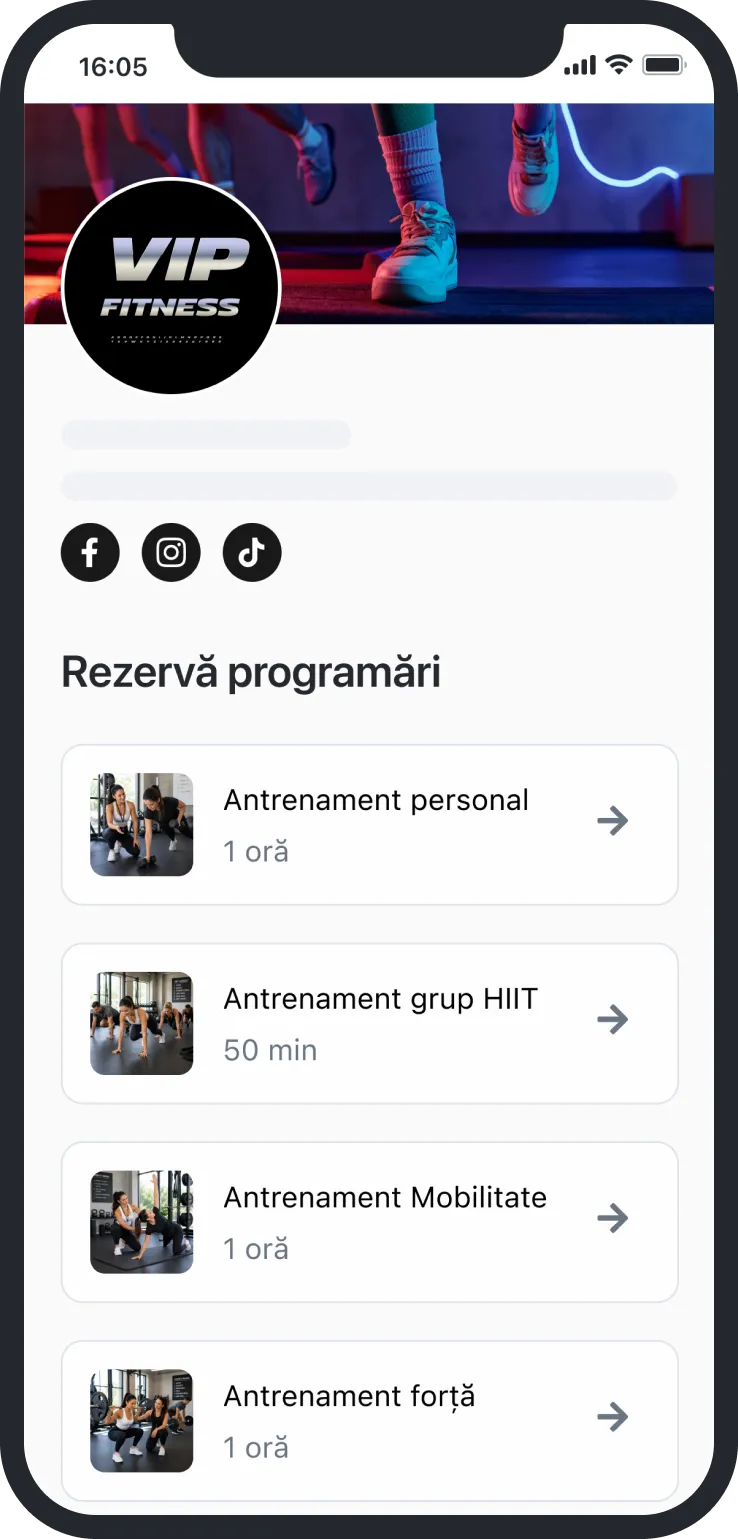 Fitness app booking screen with VIP Fitness logo and options for personal, HIIT, mobility, and strength training.