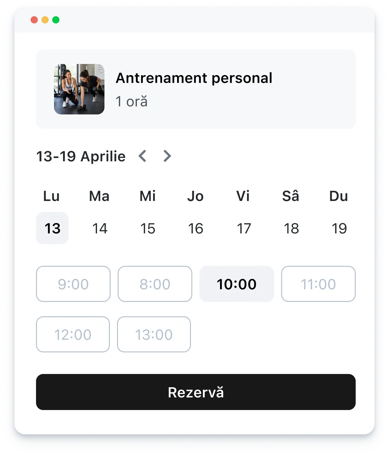 Calendar interface showing personal training booking for April 13 with 10:00 selected and a reserve button.