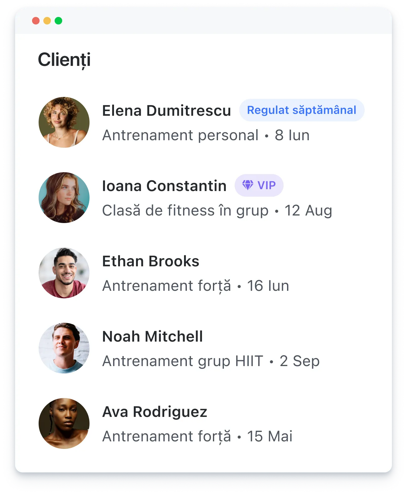 List of clients with profile pictures, names, workout types, and status badges in a fitness CRM interface.