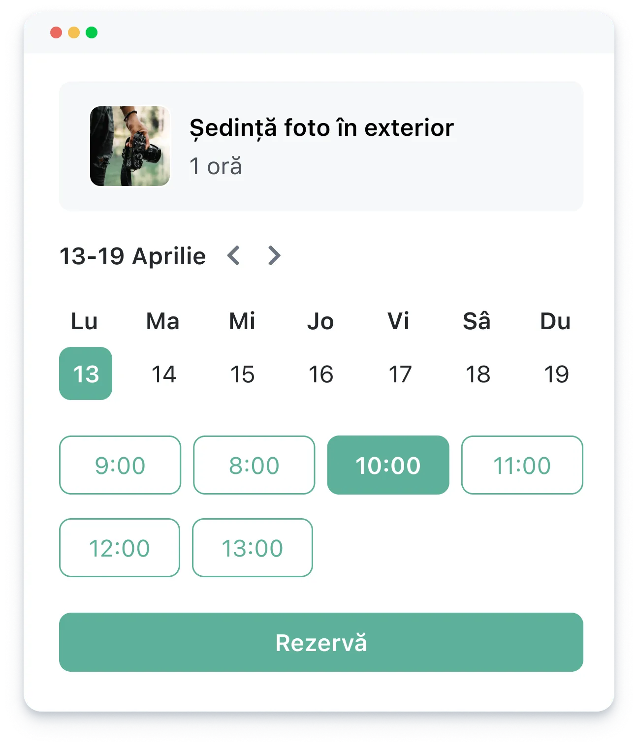 Calendar interface showing photo session booking April 13 with time slots and a reserve button.